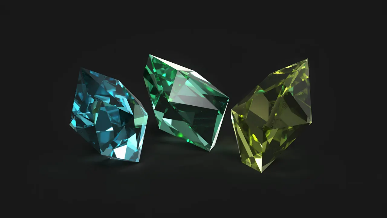 Three coloured diamonds on a black background